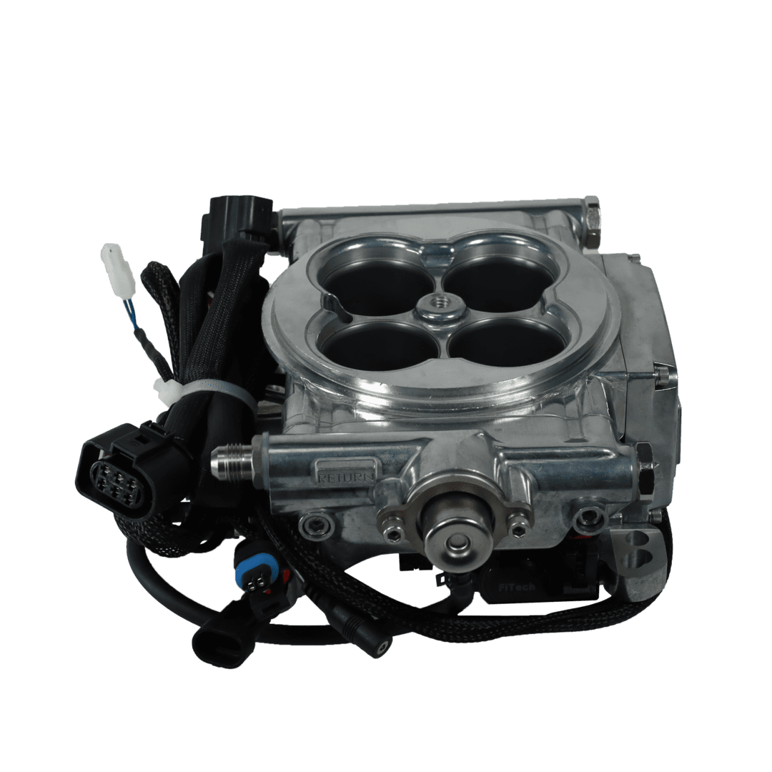 Car engine throttle body on black background.