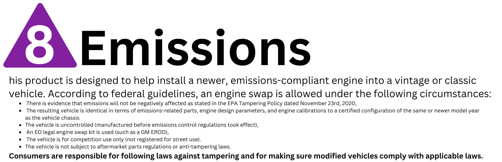 Sign explaining emissions tampering and compliance requirements for vehicles.