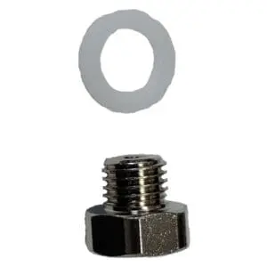 Metal washer and hex bolt on a white background.
