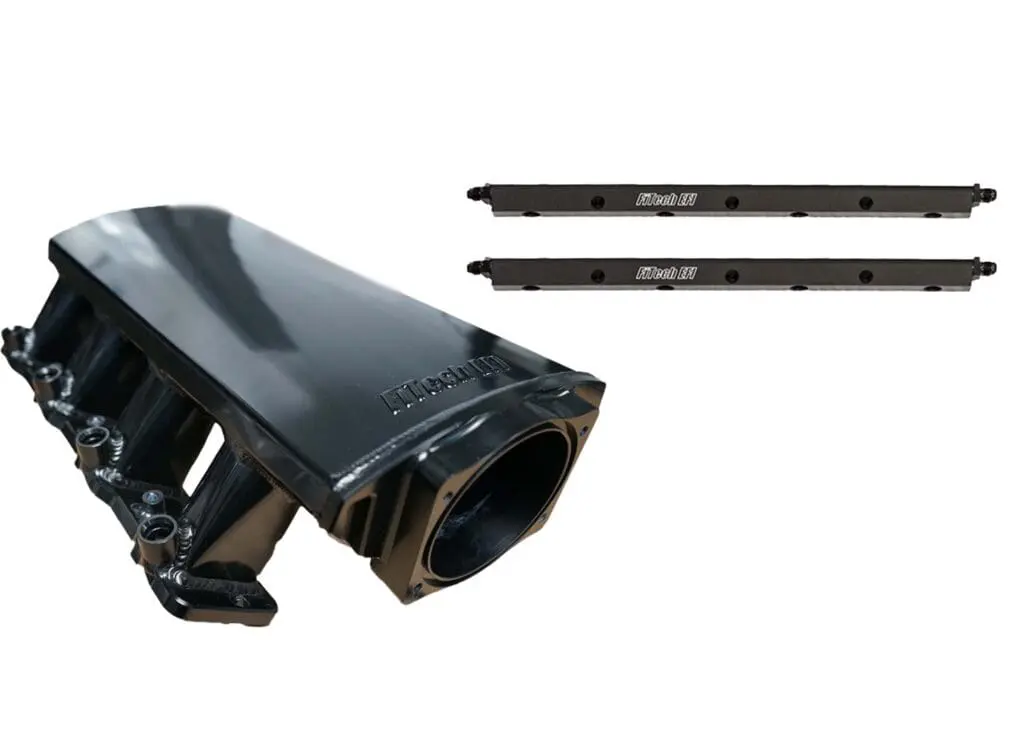 Black engine intake manifold and fuel rails.