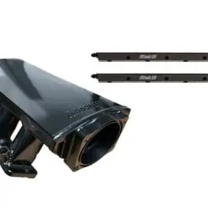 Black engine intake manifold and fuel rails.