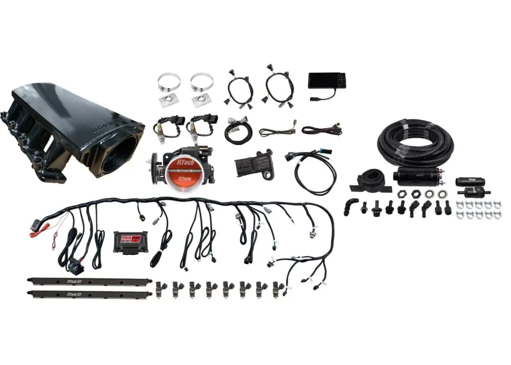Electronic fuel injection system components laid out.