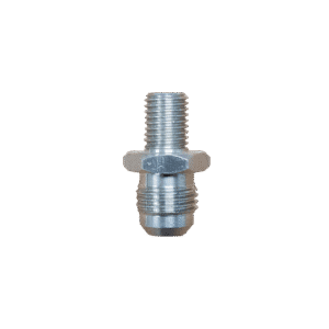 Close-up of a small metal threaded bolt with a hexagonal flange.