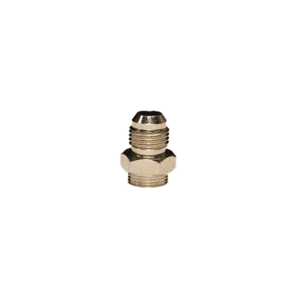 Metal cable connector or fitting with a threaded end and a hexagonal nut.