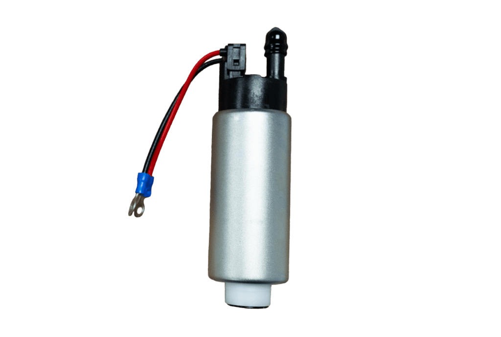 Silver electric fuel pump with wires attached.