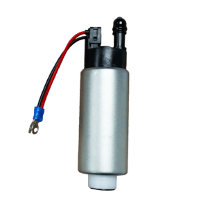 Silver electric fuel pump with wires attached.