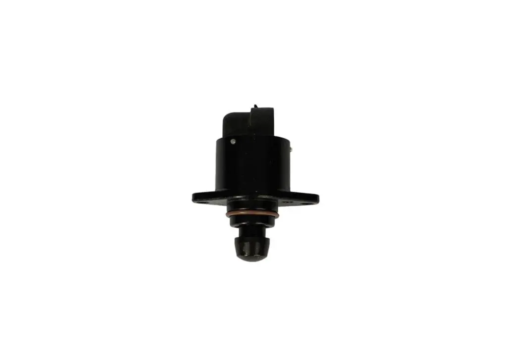 Black mechanical component with a mounting flange and connector.