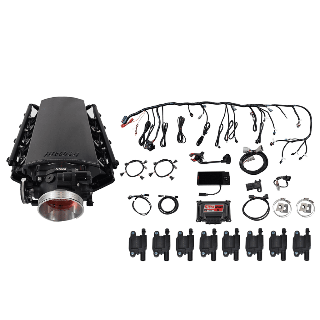 Car engine kit with various components.
