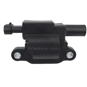 Black automotive ignition coil on white background.