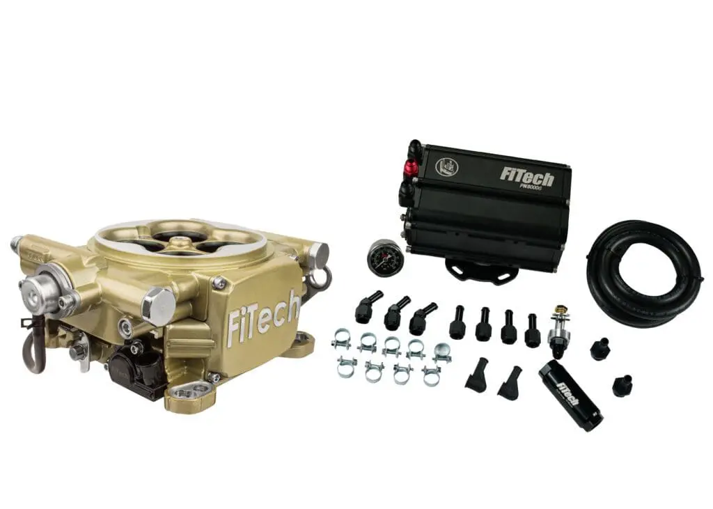 High-performance motorcycle brake caliper kit with accessories.