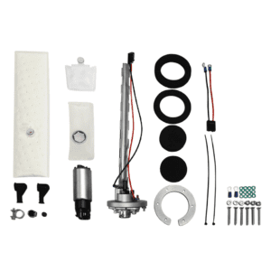 Fuel pump assembly kit with components displayed.