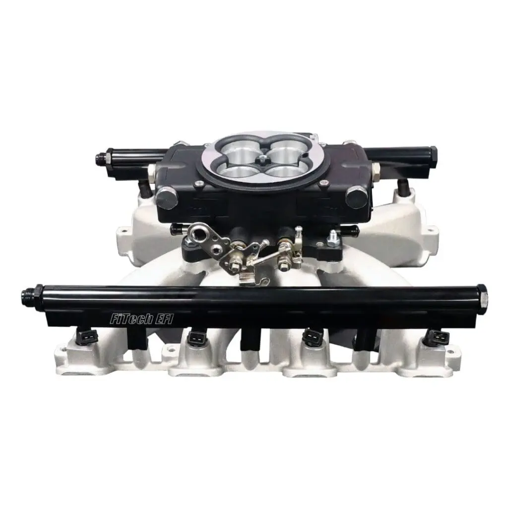 Dual carburetor intake manifold for a V8 engine.