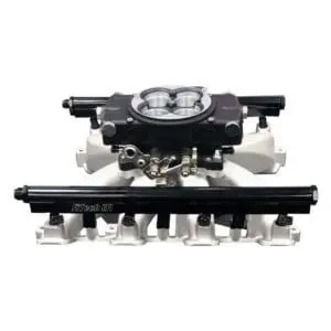 Dual carburetor intake manifold for a V8 engine.