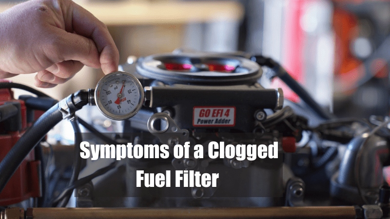Close-up of a clogged fuel filter gauge on an engine with text overlay.