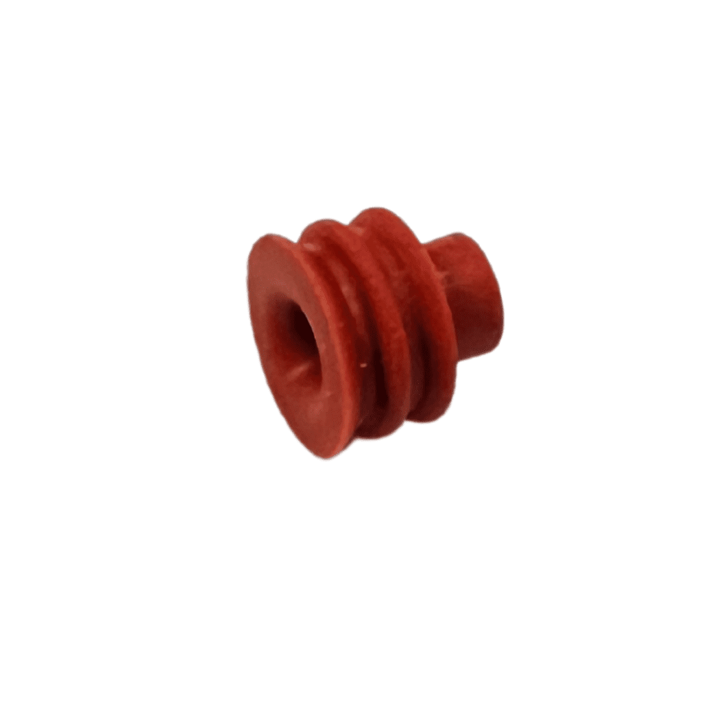 Red rubber grommet with a grooved design.