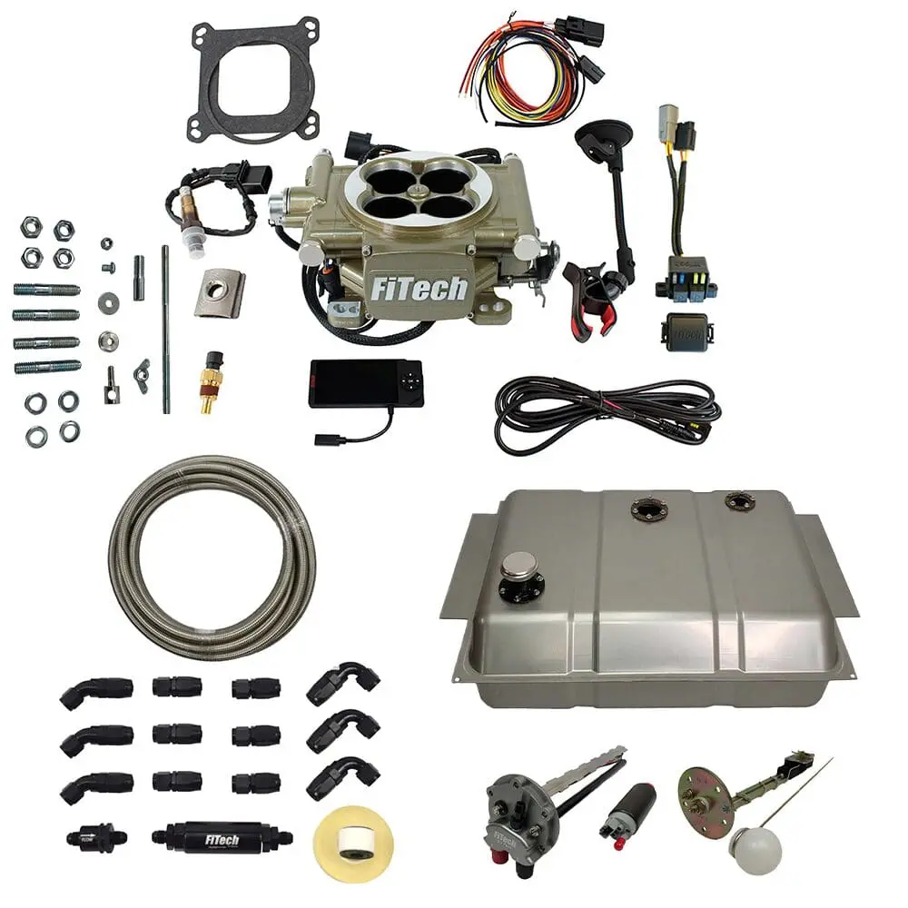 Complete car engine rebuild kit with various components and tools.