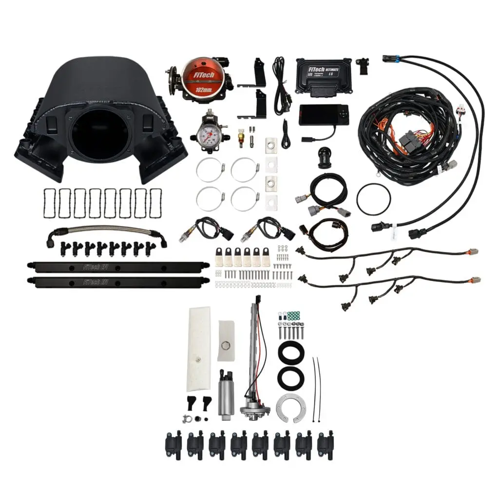 Automotive engine parts and accessories kit.