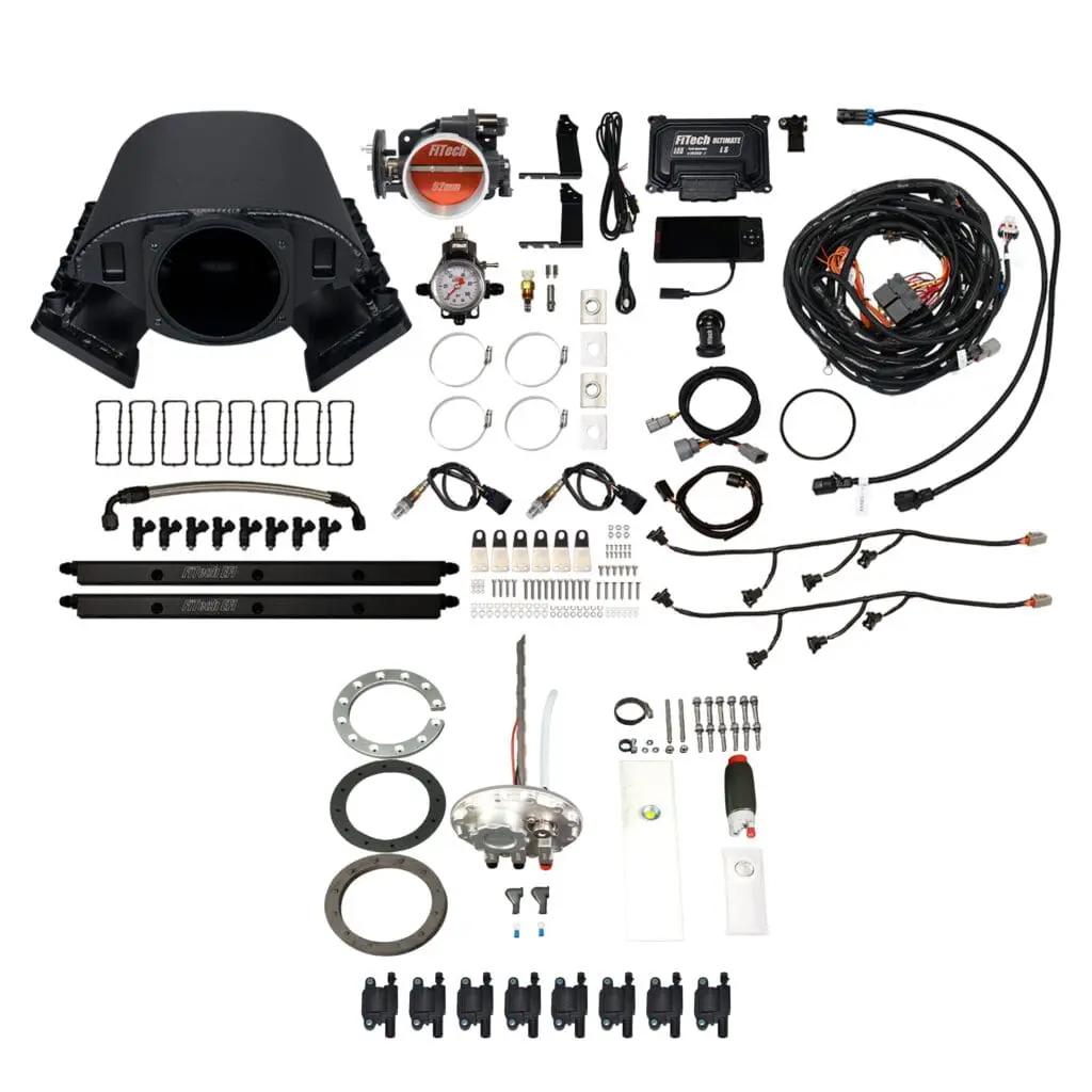 Automotive parts and accessories laid out.