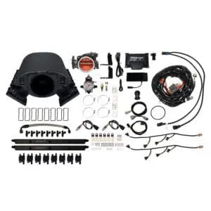 Car engine components and wiring kit displayed.