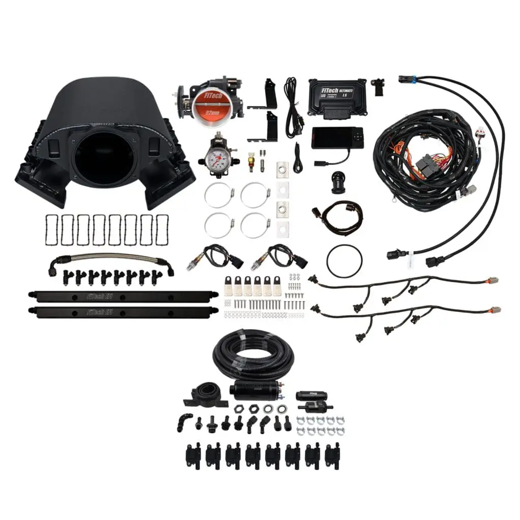 Car engine parts and wiring kit components.