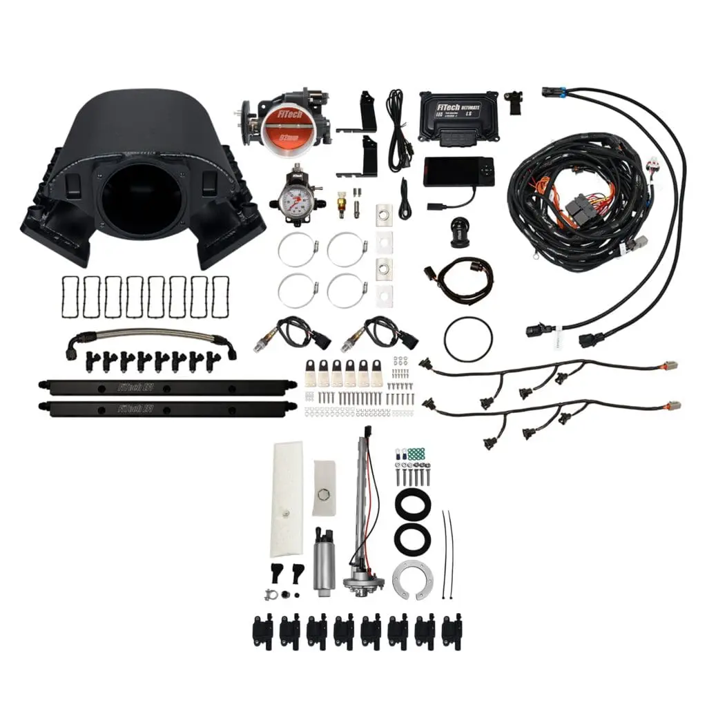 Automotive engine parts and accessories kit.