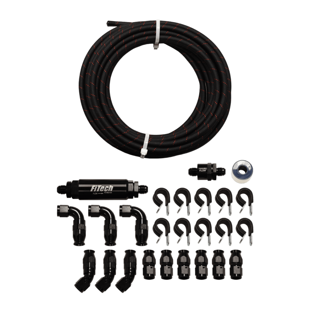 Drip irrigation kit with tubing, connectors, and emitters.