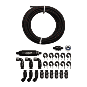 Drip irrigation kit with tubing, connectors, and emitters.