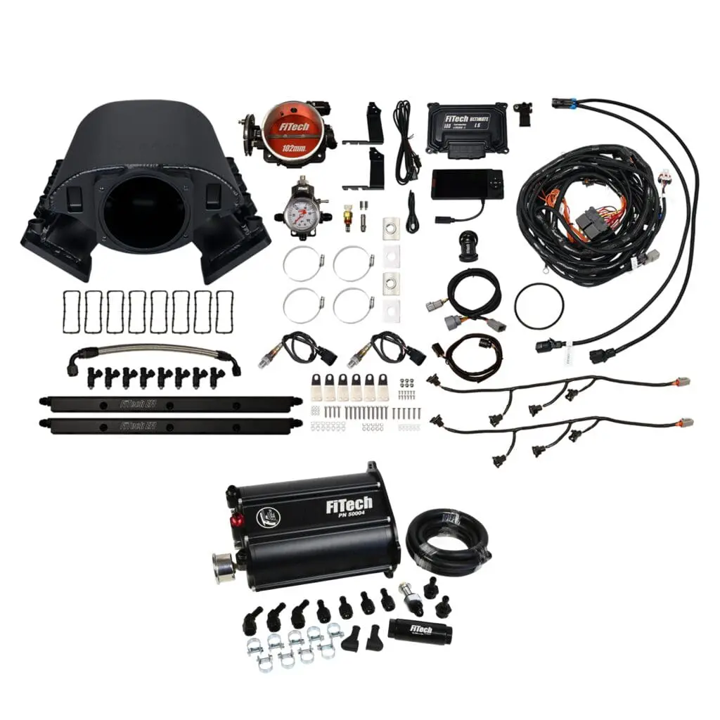 Complete vehicle air suspension kit with compressor and control unit.