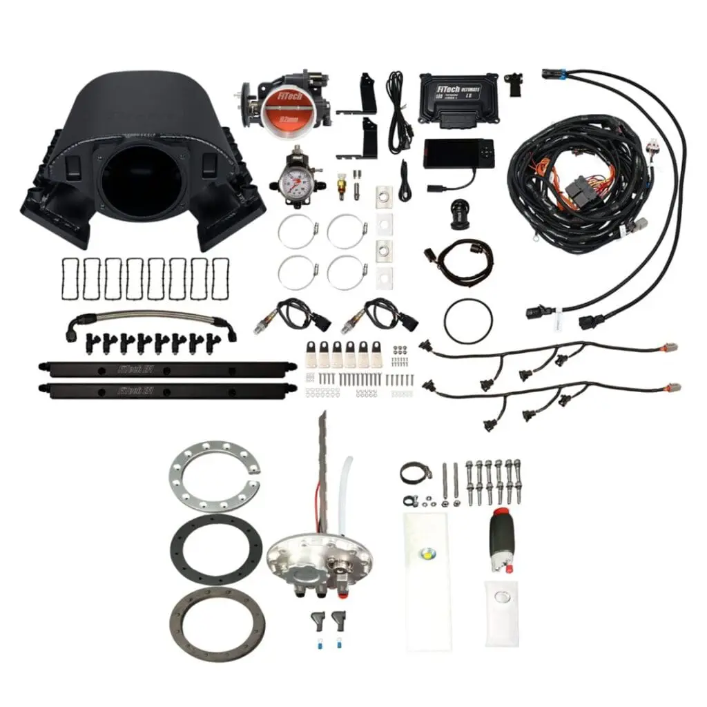 Complete vape kit with all components laid out on white background.