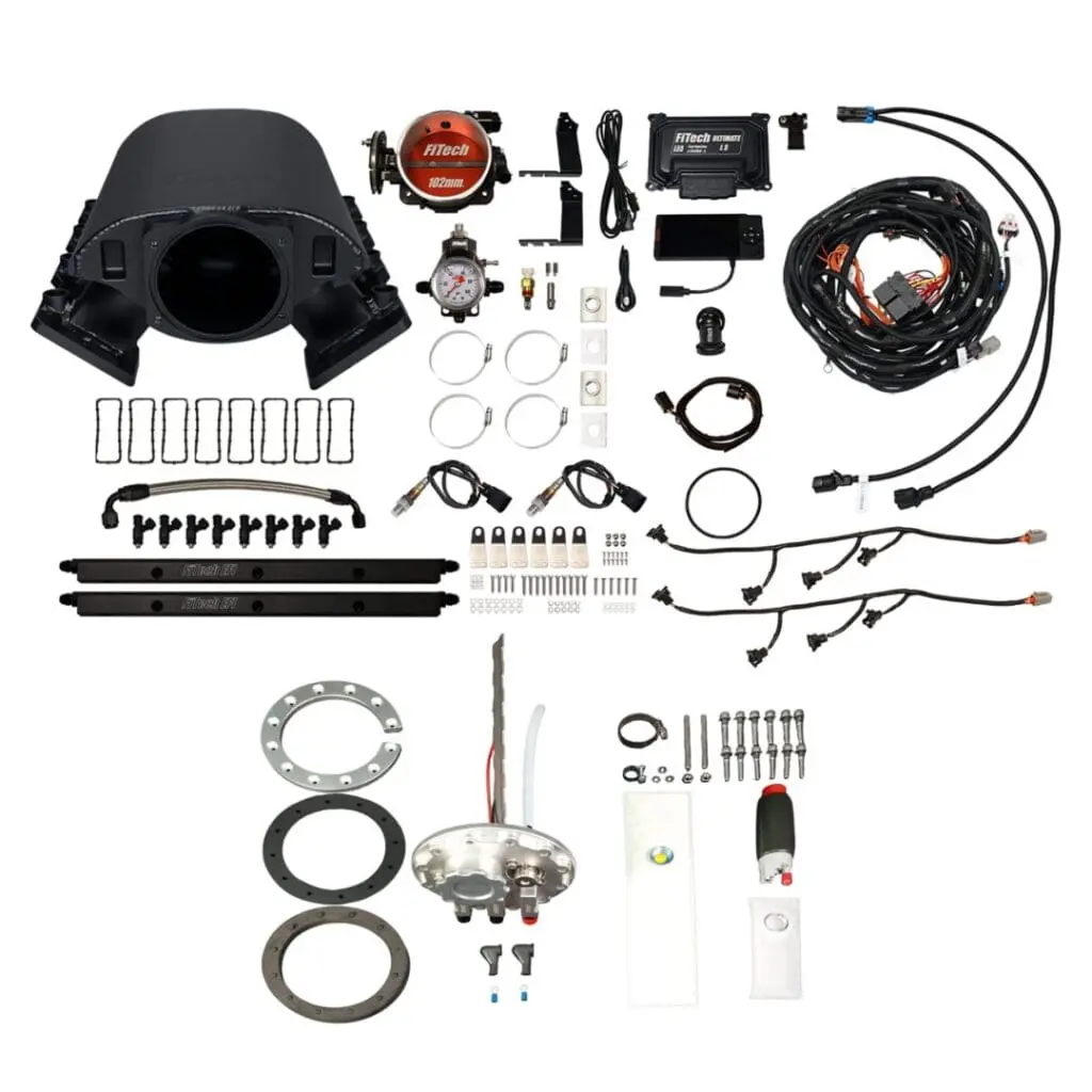 Comprehensive motorcycle repair kit with various tools and parts.