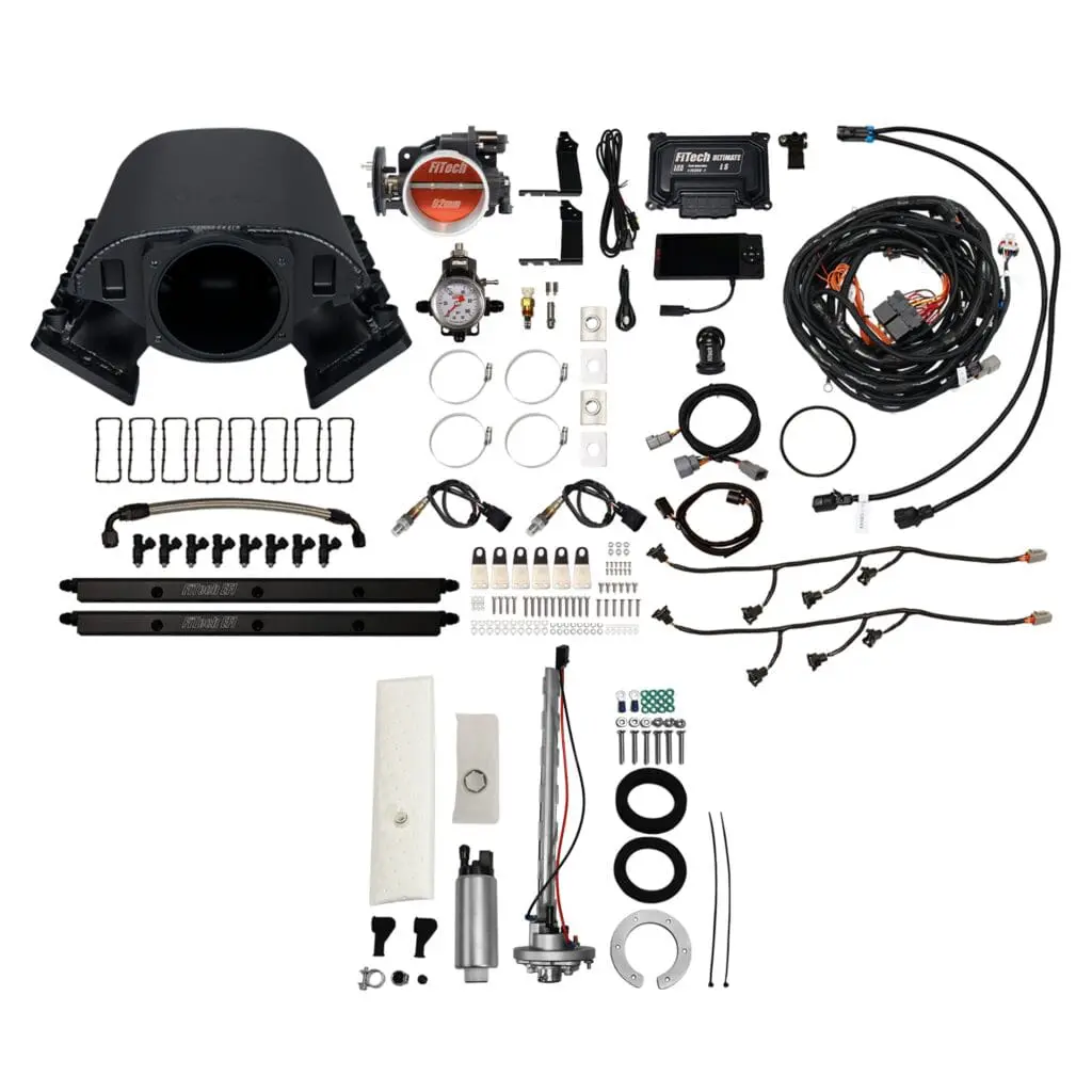 Automotive parts and accessories laid out.