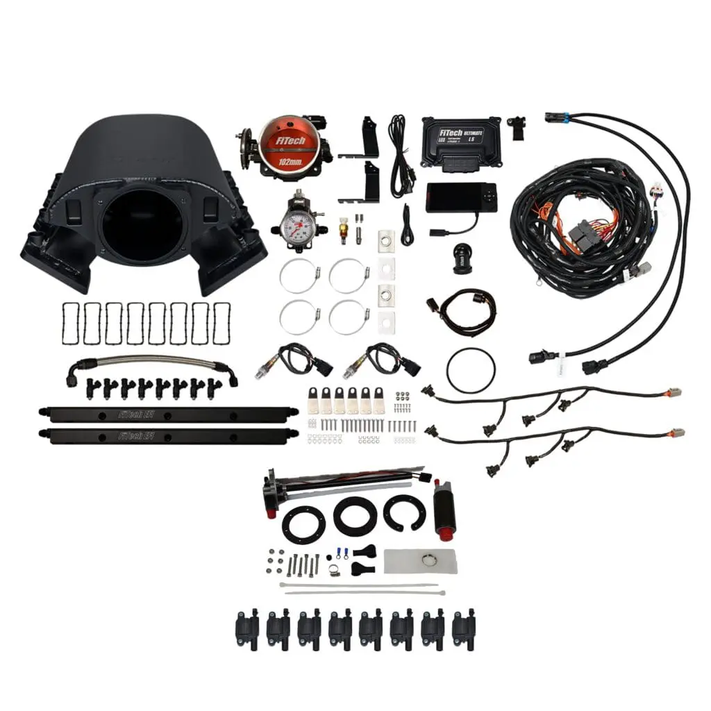 Complete car engine wiring harness kit with connectors and components.