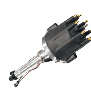 Close-up of a black automotive distributor with attached spark plug wires.