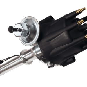 Close-up of a black ignition distributor with metal components.