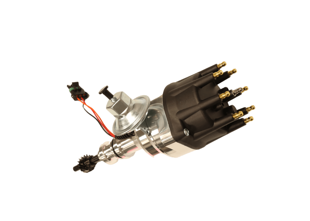 Automotive ignition distributor with attached wiring and components.