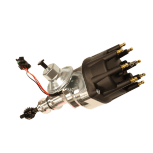 Automotive ignition distributor with attached wiring and components.