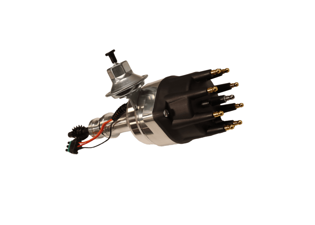 Automotive ignition distributor with wires and cap.