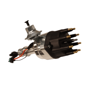 Automotive ignition distributor with wires and cap.