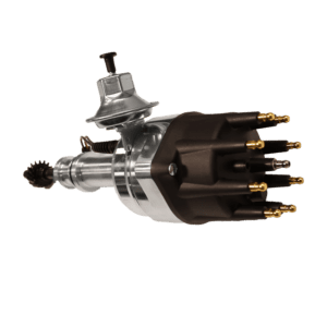 A vintage automotive distributor with multiple brass terminals.