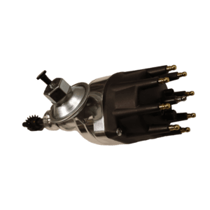 Distributor cap and rotor on black background.