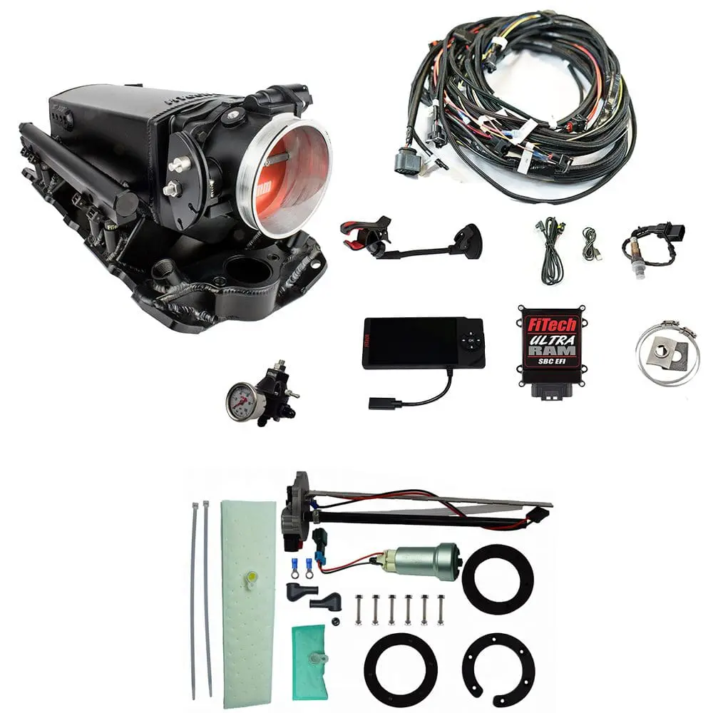 Automotive EFI system components and wiring harness.