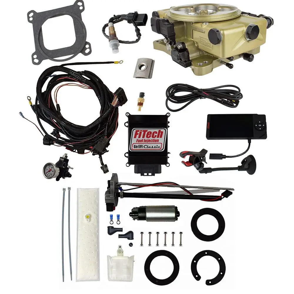 Electronic fuel injection kit components displayed.