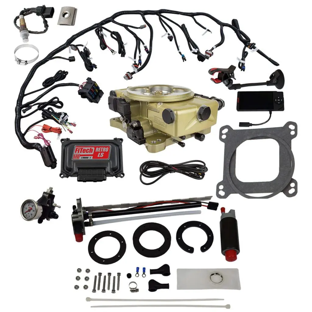 FiTech EFI system components and wiring kit.