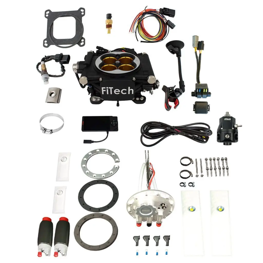 Fuel injection system components arranged on display.
