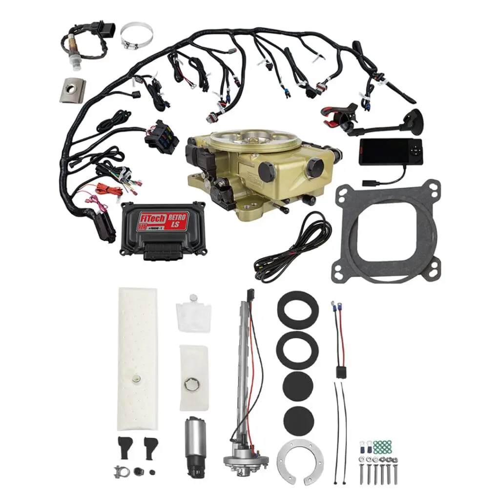 Electronic fuel injection conversion kit components.
