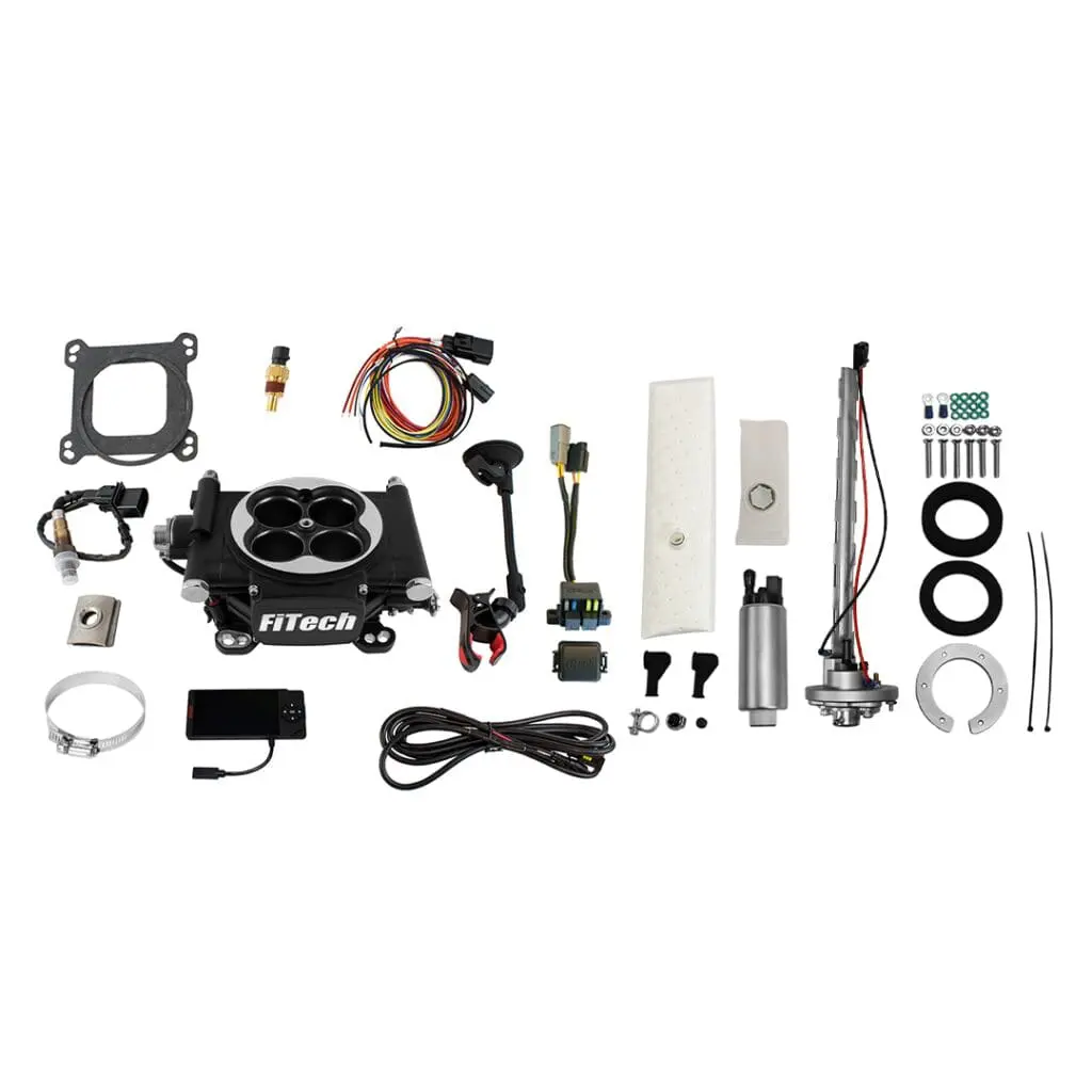 FiTech EFI kit with various components displayed.