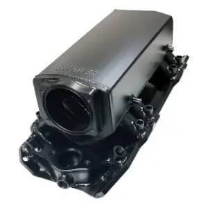 Black metal automotive engine cover component.