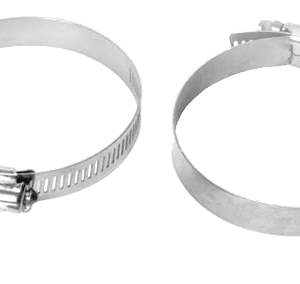 Two metal hose clamps on black background.