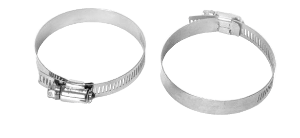 Two metal hose clamps on black background.