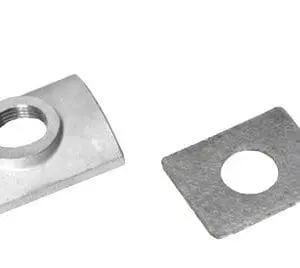 Metal nut and washer on white background.